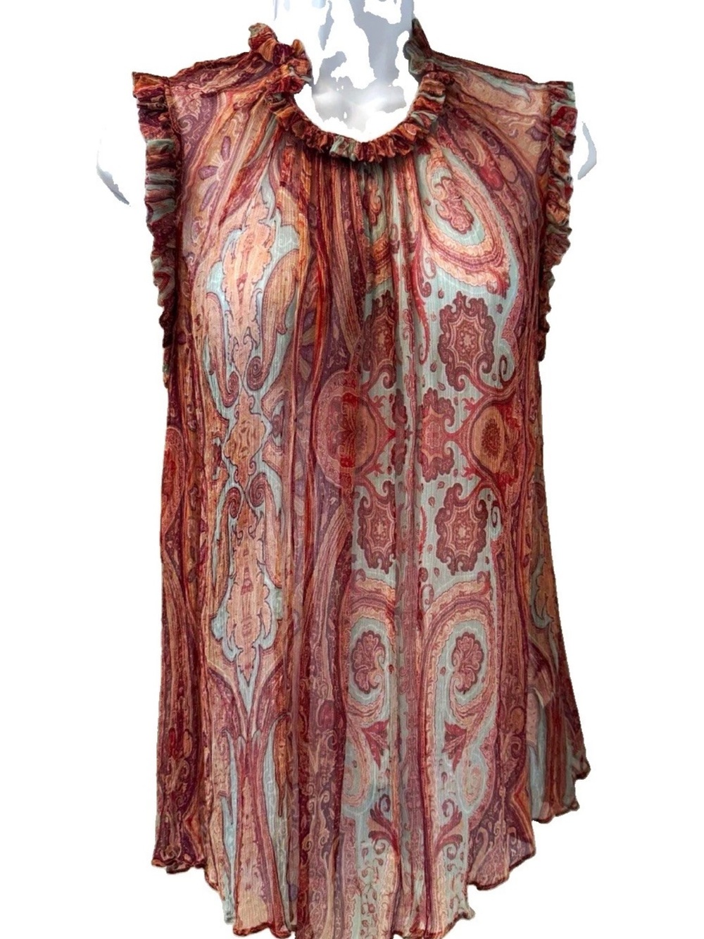 Zimmermann Sleeveless Paisley Ruffle-Neck silk chiffon Camisole - Rust & blue
